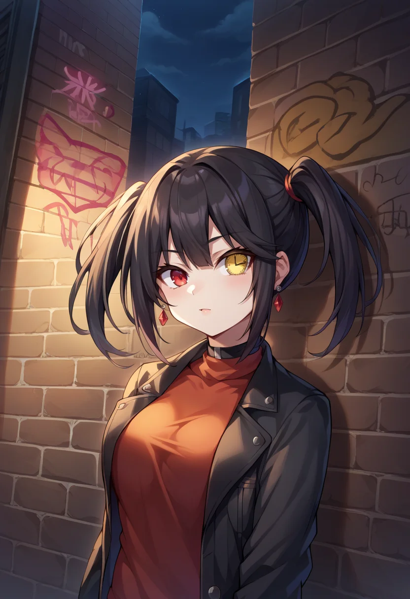 score_9, score_8_up, source_anime, 1girl, solo, TokisakiKurumi, black hair, twintails, heterochromia, red eye, yellow eye, clock eyes, earrings, sharp eyes, choker, neon shirt, open jacket, turtleneck sweater, night, against wall, brick wall, graffiti, dim lighting, alley, looking at viewer, <lora:ChamTokisakiKurumiPonyXL-000008:1>