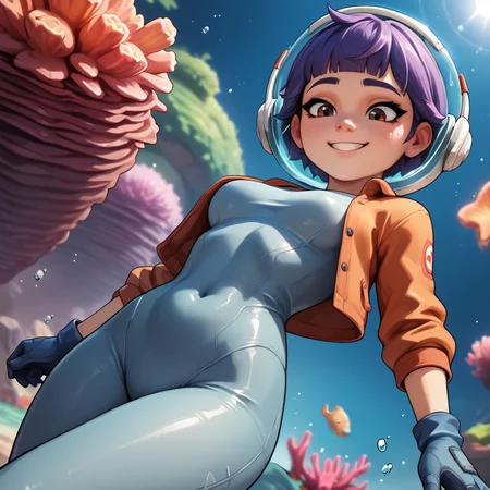 <lora:juno_ow_v1:1>
(trippy), score_9, score_8_up, score_8, abstract enviroment, solo, 1girl, (skinny), [shortstack], 
juno overwatch, purple hair, short hair, gloves, bodysuit, covered navel, breasts, medium breasts, blue gloves, multicolored hair, pink hair, space helmet,
cute, firm breasts, night, underwater, floating, whale, coral, rating_sugestive, vivid colors, close-up, light smile, bashful, pleasured, pajamas, dynamic angle