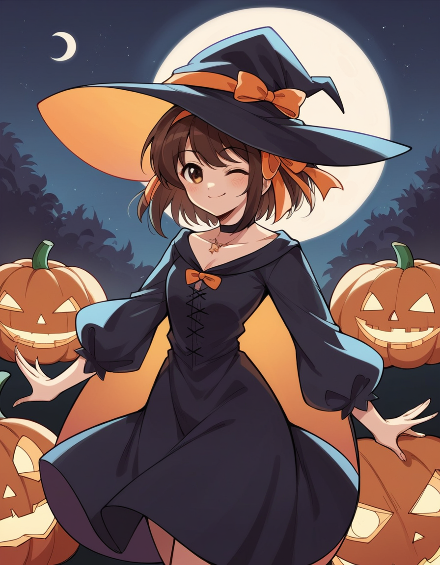 score_9, score_8_up, score_7_up, source_anime, <lora:haruhi-suzumiya-s1-ponyxl-lora-nochekaiser:1>, haruhi suzumiya, short hair, brown hair, brown eyes, hairband, medium hair, ribbon, hair ribbon,, <lora:witch-ponyxl-lora-nochekaiser:1>, witch, hat, witch hat, dress, halloween, halloween costume, jewelry,, night, moon, blush, smile, one eye closed,, looking at viewer
