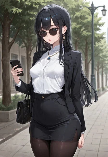 (detailed background:1.1), dynamic pose, (bloom, depth of field, vignetting:1.2), street, 1girl waiting to cross the street, lamppost,
BREAK
(1girl, solo), black hair, long hair, bangs, long sidelocks, sunglasses, thick lips, standing, holding phone, looking at phone, smartphone, handbag,
BREAK
office lady, suit, white shirt, suit jacket, black jacket, tight skirth, black pantyhose, necklace, earrings,
BREAK
small breasts, pointy breasts, (skinny, narrow waist:1.2), (thick thighs:1.2), (hip dips:1.1),
<lora:SOS_Style_-_Illustrious:1>