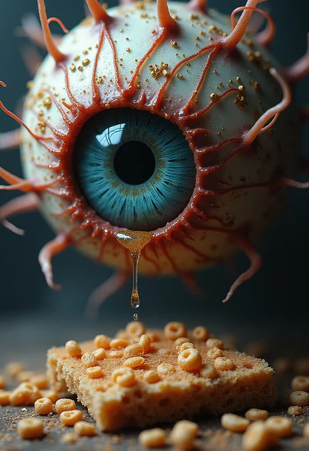 a fractal eyeball assassin eating square cereal