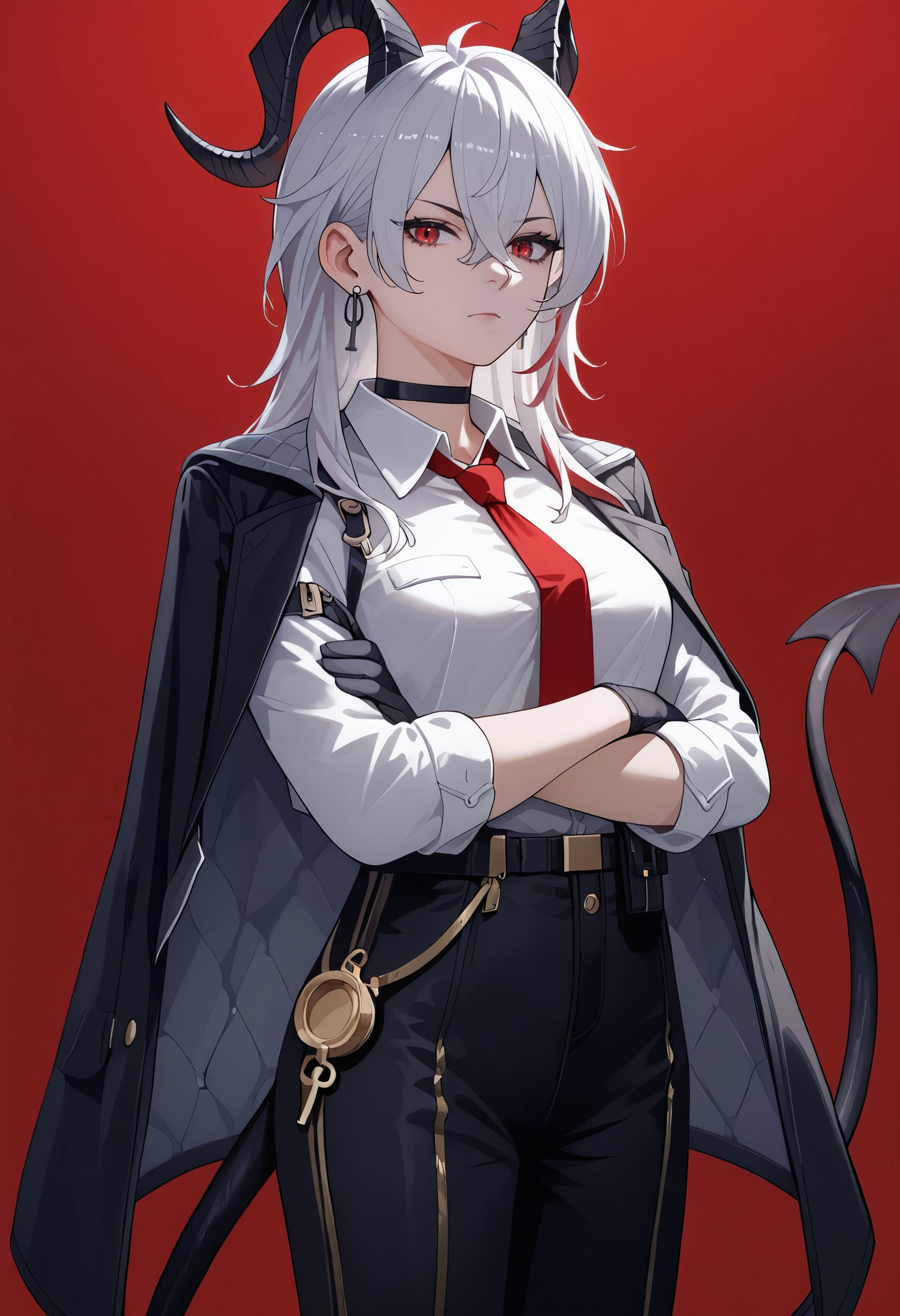 score_9,score_8_up,score_7_up,score_6_up, <lora:zani_wuwa_pdxl_goofy:1> zaniwuwa, 1girl, black choker, black gloves, black horns, black jacket, black pants, breasts, choker, closed mouth, collarbone, collared shirt, cowboy shot, crossed arms, curled horns, demon tail, earrings, gloves, hair between eyes, horns, jacket, jacket on shoulders, jewelry, key earrings, long hair, looking at viewer, medium breasts, necktie, pants, red background, red eyes, red necktie, shirt, solo, tail, white hair