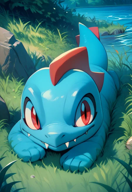 score_9, score_8_up, score_7_up, vivid bright colors,
zzTotodile, smile, red eyes, closed mouth, full body, outdoors, lying, day, water, fangs, grass, on stomach, rock, fangs out