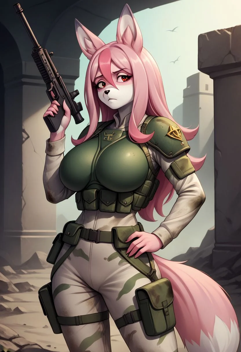 score_9, score_8_up, score_7_up, score_6_up, score_5_up, score_4_up, 1girl, solo, (anthro, furry, fox, nazuna, pink and white fur color, two-tone fur,),pink hair, long hair, hair between eyes, red eyes, animal ears, animal tail, fluffy tail,
huge breasts, animal ears, body fur, modern ruins at the background, standing, looking tired, wearing bodysuit, lasgun, affected by shellshock,
holding gun, rifle, detailed background, armor, military uniform, pants, camouflage, mentally damaged, dirty, covered in green luminous alien blood, lasgun, exploded carcassof a demon bug with green guts and blood