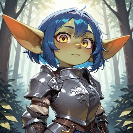 masterpiece, best quality, amazing quality, very aesthetic, solo, upper body,
goblin, short stature, shortstack, long pointed ears, big eyes,
1girl, female focus, blue hair, short hair, yellow eyes, green skin, grey armor,
(looking at viewer:1.2), posing,
forest