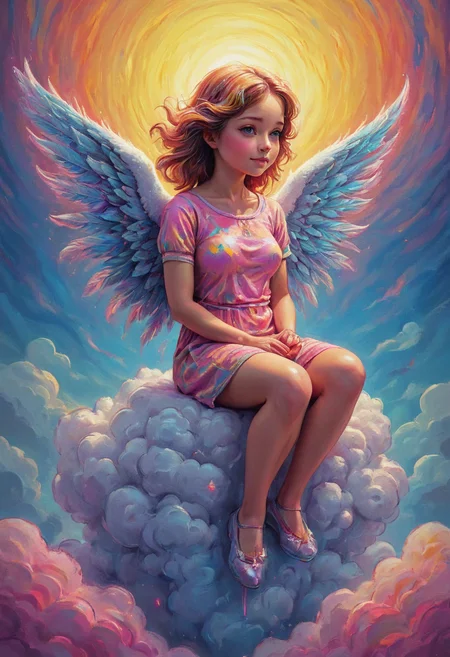 adult angel, colorful, crayon drawing, sitting on a cloud, sunny sky <lora:Psych-Futurism:1>,pfstyle