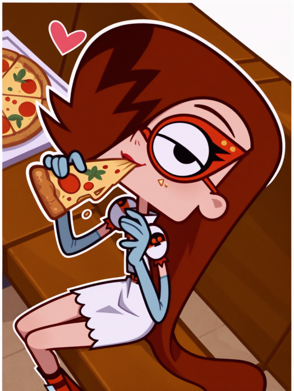 MandyStructionZYN, 1girl, solo, black eyes, brown hair, long hair, one eye covered, hair over one eye, glasses, red-framed eyewear, red lips, White dress, boots, long gloves, cowboy shot, looking at viewer, beautiful, ((beautiful face, beautiful eyes)), (smile, dutch angle,naughty pose, cute, sitting, eating, pizza, Cheese stretch, restaurant, looking at viewer, heart, petite, solo, dynamic pose, full_body, head tilt,),((white background, White frame, white outline)), from above,(((from side:1.5))),