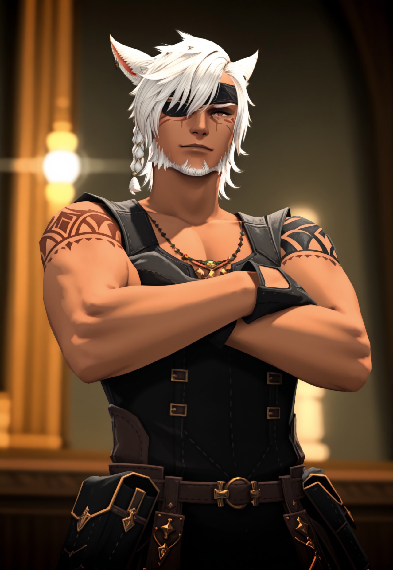 3KK4T14, animal ears, 1boy, solo, dark-skinned male, male focus, miqo'te, blurry background, dark skin, crossed arms, cat ears, blurry, cat boy, facial hair, white hair, eyepatch, braid, facial mark, jewelry, looking at viewer, gloves, beard, tattoo, cinematic angle, cinematic lighting, ultra HD, complimentary colors,