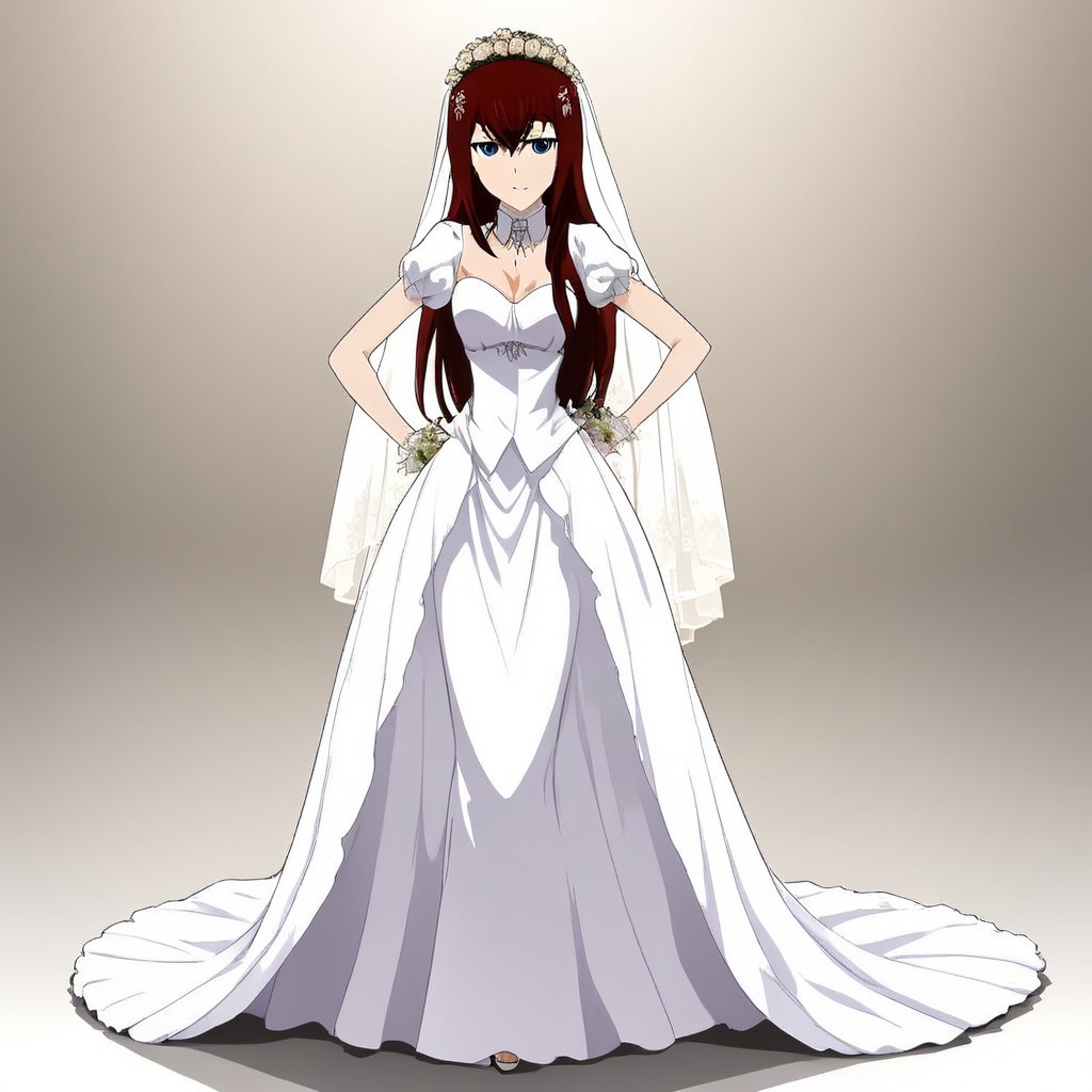A hot and sexy image of Makise Kurisu wearing red-white wedding dress , standing , hands on hips , leaning forward , cute boobs , anime style , sexy legs , full-body