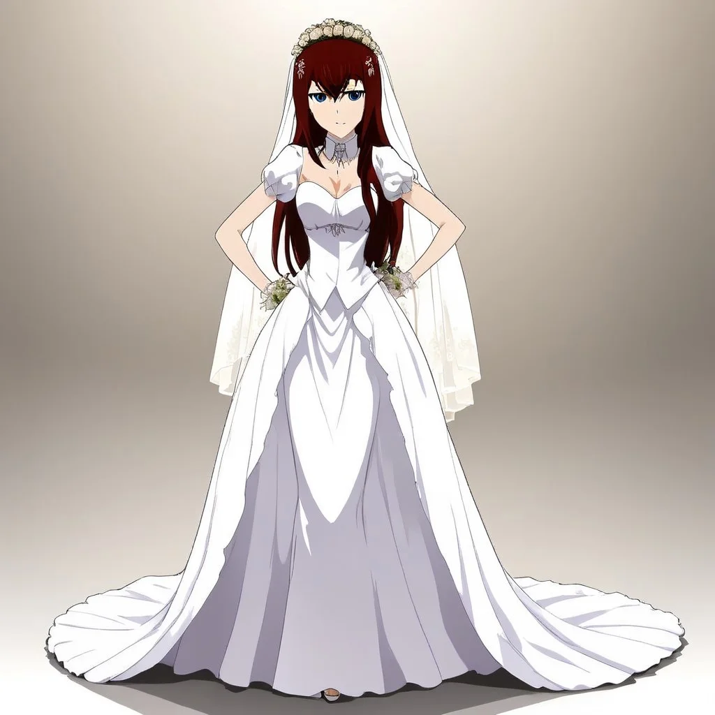 A hot and sexy image of Makise Kurisu wearing red-white wedding dress , standing , hands on hips , leaning forward , cute boobs , anime style , sexy legs , full-body