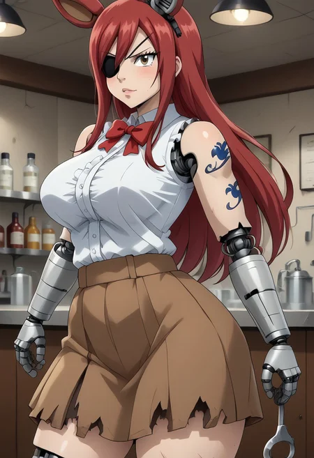 score_9, score_8_up, 1girl, solo, indoors, Laboratory background, Lab gear, erza scarlet transforming into withered foxy,
erza scarlet, long hair, red hair, hair between eyes, brown skirt, shirt, bow, boots, sleeveless, sleeveless shirt, tattoo, white shirt, frills,,plump, bbw, big ass,
Withered_FoxyFNAF, , animal ears, yellow eyes, torn clothes, no humans, robot, withered body, damaged, animatronic, joints, endoskeleton, left hook hand, eyepatch on left eye,