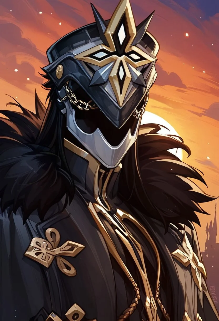 highly detailed,score_9,score_8_up,score_7_up, male focus, 1boy, solo, capitano, black hair, long hair, helmet, outfit, fur-trimmed_coat, black coat, sunset, adult male, muscular male, perfect quality, wasit up, close up, pov side, side view, expressiveh, BREAK,
castle,