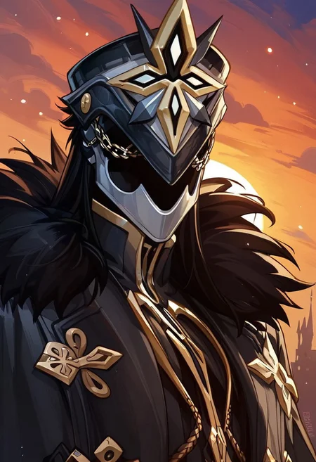 highly detailed,score_9,score_8_up,score_7_up, male focus, 1boy, solo, capitano, black hair, long hair, helmet, outfit, fur-trimmed_coat, black coat, sunset, adult male, muscular male, perfect quality, wasit up, close up, pov side, side view, expressiveh, BREAK,
castle,