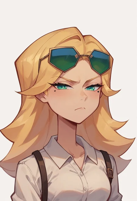score_9, score_8_up, score_7_up,
1girl, blonde hair, long hair, mole under eyes, green eyes, sunglasses on head, narrowed eyes, frown, looking at viewer, white background, white shirt, face, upper body,