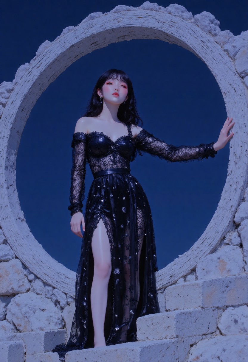 in the style of cksc,,bboil artist style, ( A candid photohoot) ,A contemporary fashion photograph featuring a young Korean woman with porcelain white skin wearing an elegant black mesh hatler off-shoulder dress, posed within a circular stepped structure against a deep blue background.( leg slit in dress) The architectural elements feature curved lines and circular geometry with stair-like levels, while artificial side lighting produces dramatic shadows and highlights. The composition is right-heavy with the subject positioned within the circular conrete structure frame, extending one hand through the opening in an artistic gesture. The intricate lace texture contrasts beautifully with the clean circular lines and bold color palette.