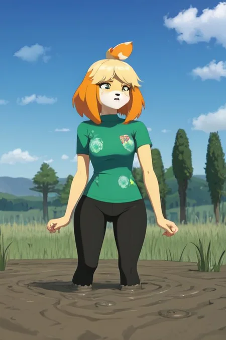 isabelle \(animal crossing\), (masterpiece, best quality:1.15), 1girl, solo, large breasts, high cheekbones, thick eyebrows, small mouth, looking to the side, leaning forward, adjusting clothes, tight leggings, green crop top shirt, starry nights, long hair, twin short braids, scared, partially submerged, struggling, farmland bog, hand stuck in mud