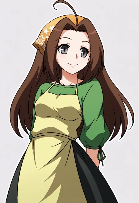 score_9, score_8_up, score_7_up, source_anime, BREAK, solo, 1girl, smile, <lora:Under-Night-In-Birth-Portraits-pdxl_Fp:1>, simple background, looking to the side, <lora:Celia-pdxl_Fp:1>, celiahm, brown hair, grey eyes, ahoge, long hair, bandana, green shirt, apron, skirt, arm behind back, closed mouth,