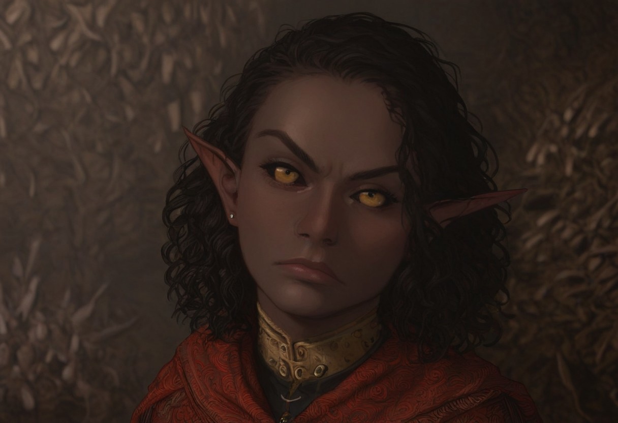 solo, short pointy ears, piercings, nord woman, random elf face, aquiline features, dark elf, weathered skin, large nose, animated realism, zoomed out, Syrian features, torso, subterranean, glowing mushrooms, mushroom forest, cave enviroment, large cavern, gloomy lighting, ancient ruins, interior, dark soil floor ,grey-blue skin, scarlet and gold clothes, medium armor, bone plate armor, ivory straps and fittings, grey wood neckguard, dark red sclera, black pupils, distant mushroom forest, blue-green light, neon, highly detailed, defined features, looking at viewer, three quarters view, from above, dynamic lighting, 36 years old, light and shadows, patterned cloth, determined expression, expressive eyes, detailed medieval clothes, medium_breasts, medium hair, wavy hair, thick hair, beaded hair, braided hair, under cut hair, semirealistic, alien elf, spanish features, jewish features, black hair, dark red hair, umber skin, sharp features, red persian print cloak, nighttime, high detail, absurdres, pretty eyes, detailed eyes, yellow eyes,