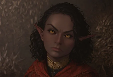 solo, short pointy ears, piercings, nord woman, random elf face, aquiline features, dark elf, weathered skin, large nose, animated realism, zoomed out, Syrian features, torso, subterranean, glowing mushrooms, mushroom forest, cave enviroment, large cavern, gloomy lighting, ancient ruins, interior, dark soil floor ,grey-blue skin, scarlet and gold clothes, medium armor, bone plate armor, ivory straps and fittings, grey wood neckguard, dark red sclera, black pupils, distant mushroom forest, blue-green light, neon, highly detailed, defined features, looking at viewer, three quarters view, from above, dynamic lighting, 36 years old, light and shadows, patterned cloth, determined expression, expressive eyes, detailed medieval clothes, medium_breasts, medium hair, wavy hair, thick hair, beaded hair, braided hair, under cut hair, semirealistic, alien elf, spanish features, jewish features, black hair, dark red hair, umber skin, sharp features, red persian print cloak, nighttime, high detail, absurdres, pretty eyes, detailed eyes, yellow eyes,