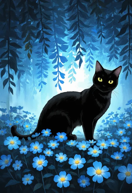 no humans, cat, black cat, eye focus, flower, looking to the side, darkness, surrounded by flowers, blue flowers, head tilt, scenery,
BREAK
<lora:Ink_wash_painting_style_v1.5:0.6>,
BREAK
best quality, masterpiece, very aesthetic, absurdres, highest detailed, very awa, detailed background,