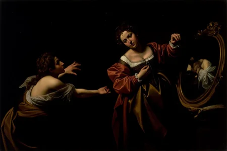 carava1 painting.
two women in a dimly lit interior. In the center is a woman wearing rich Renaissance style clothing, with one hand resting on a mirror on the right. On the left is a woman in side profile view, lookinga at the other woman and gesturing with her hands. <lora:carava1_cap_d6a3e11:1.0><lora:828387230474230106:0>