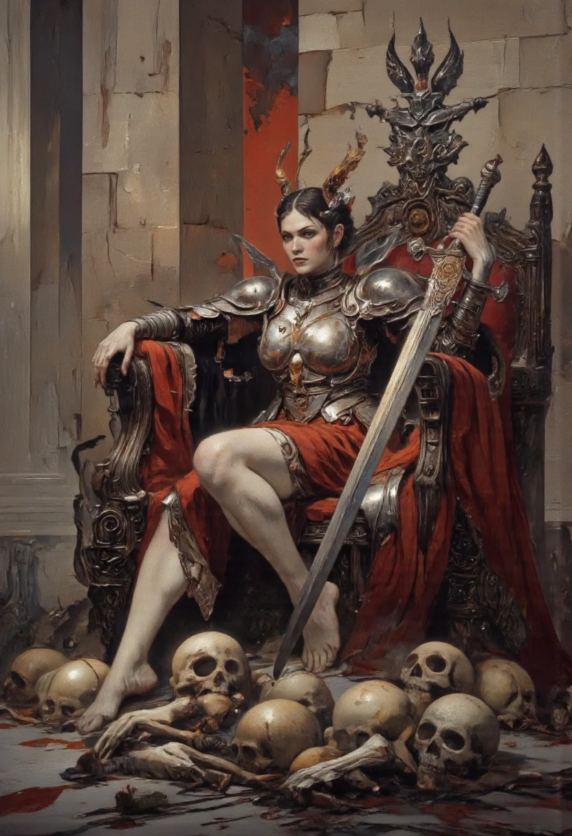 Art by Gerald Brom. A digital illustration shoot from the side about a regal woman seated on a throne surrounded by skulls and bones, holding a large sword. in the middle of the image, a 1woman, who appears to be in her mid-twenties, is sitting on a red throne with her legs spread wide, wearing a red dress and ornate armor. she has a serious expression on her face and is holding a long, ornate sword in her right hand. her hair is styled in elaborate, feathered buns with horns, and she has bare feet. the throne is set in a dimly lit, stone-walled room with columns, and the background is filled with skulls scattered on the floor. the overall mood is dark and ominous, with a focus on the woman's regal attire and the intricate details of her armor.