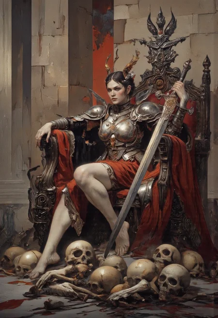 Art by Gerald Brom. A digital illustration shoot from the side about a regal woman seated on a throne surrounded by skulls and bones, holding a large sword. in the middle of the image, a 1woman, who appears to be in her mid-twenties, is sitting on a red throne with her legs spread wide, wearing a red dress and ornate armor. she has a serious expression on her face and is holding a long, ornate sword in her right hand. her hair is styled in elaborate, feathered buns with horns, and she has bare feet. the throne is set in a dimly lit, stone-walled room with columns, and the background is filled with skulls scattered on the floor. the overall mood is dark and ominous, with a focus on the woman's regal attire and the intricate details of her armor.