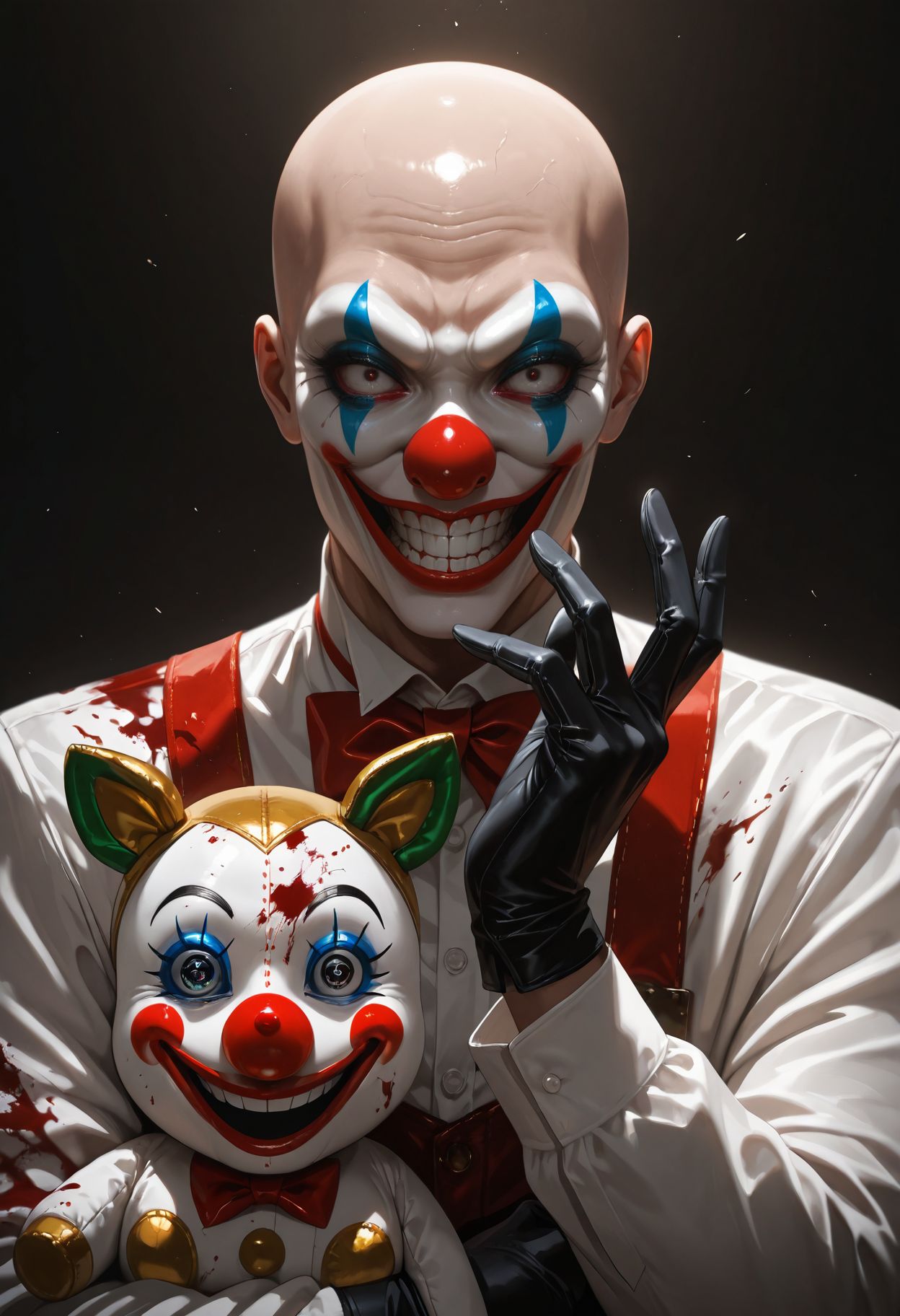 masterpiece,best quality,amazing quality,absurdres, BREAK 
bald, blood, blood on clothes, clown, clown mask, clown nose, crossover, evil grin, evil smile, gloves, grin, long sleeves, looking at viewer, makeup, mask, open mouth, smile, solo, stuffed animal, stuffed toy