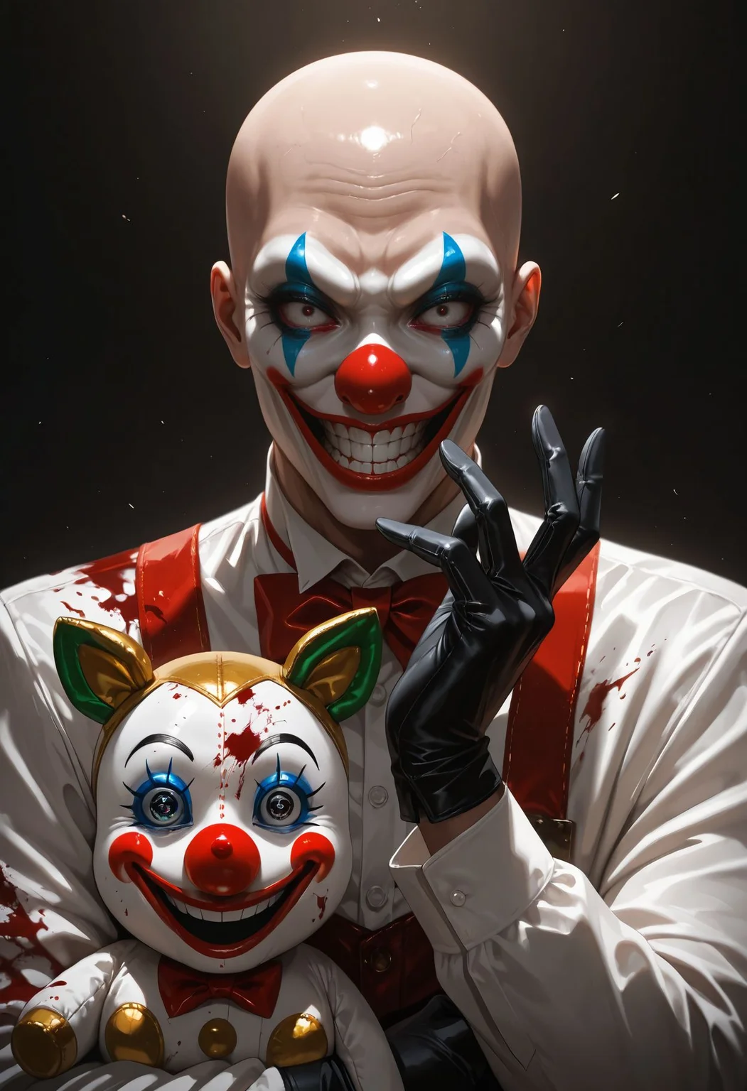 masterpiece,best quality,amazing quality,absurdres, BREAK
bald, blood, blood on clothes, clown, clown mask, clown nose, crossover, evil grin, evil smile, gloves, grin, long sleeves, looking at viewer, makeup, mask, open mouth, smile, solo, stuffed animal, stuffed toy