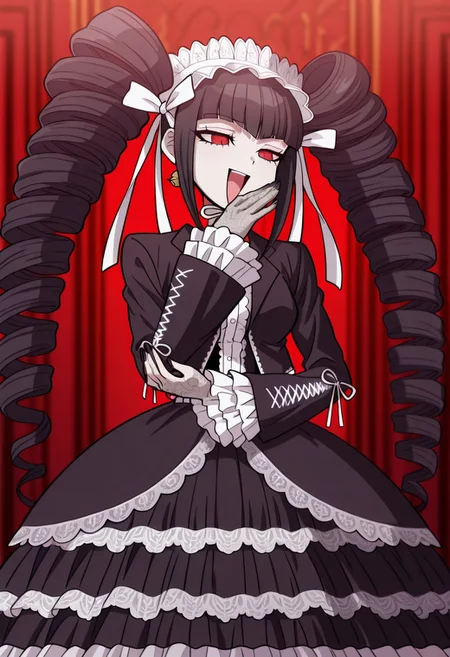 Maximum quality, masterpiece, high resolution. masterpiece,best quality,amazing quality,, quality,,anime coloring, celestia ludenberg, long hair, twintails, twin drills, drill hair, bangs, black hair, red eyes, anime screencap,, <lora:gothic-fashion-illustriousxl-lora-nochekaiser:1>, gothic fashion, fashion, goth fashion, frills, frilled dress, black lace dress, corset, petticoat, lace gloves, velvet ribbon, <lora:ojou-sama-pose-illustriousxl-lora-nochekaiser:1>, ojou-sama pose, laughing, smug, hand to own mouth, open mouth, cowboy shot, akanbe, open mouth, , ,