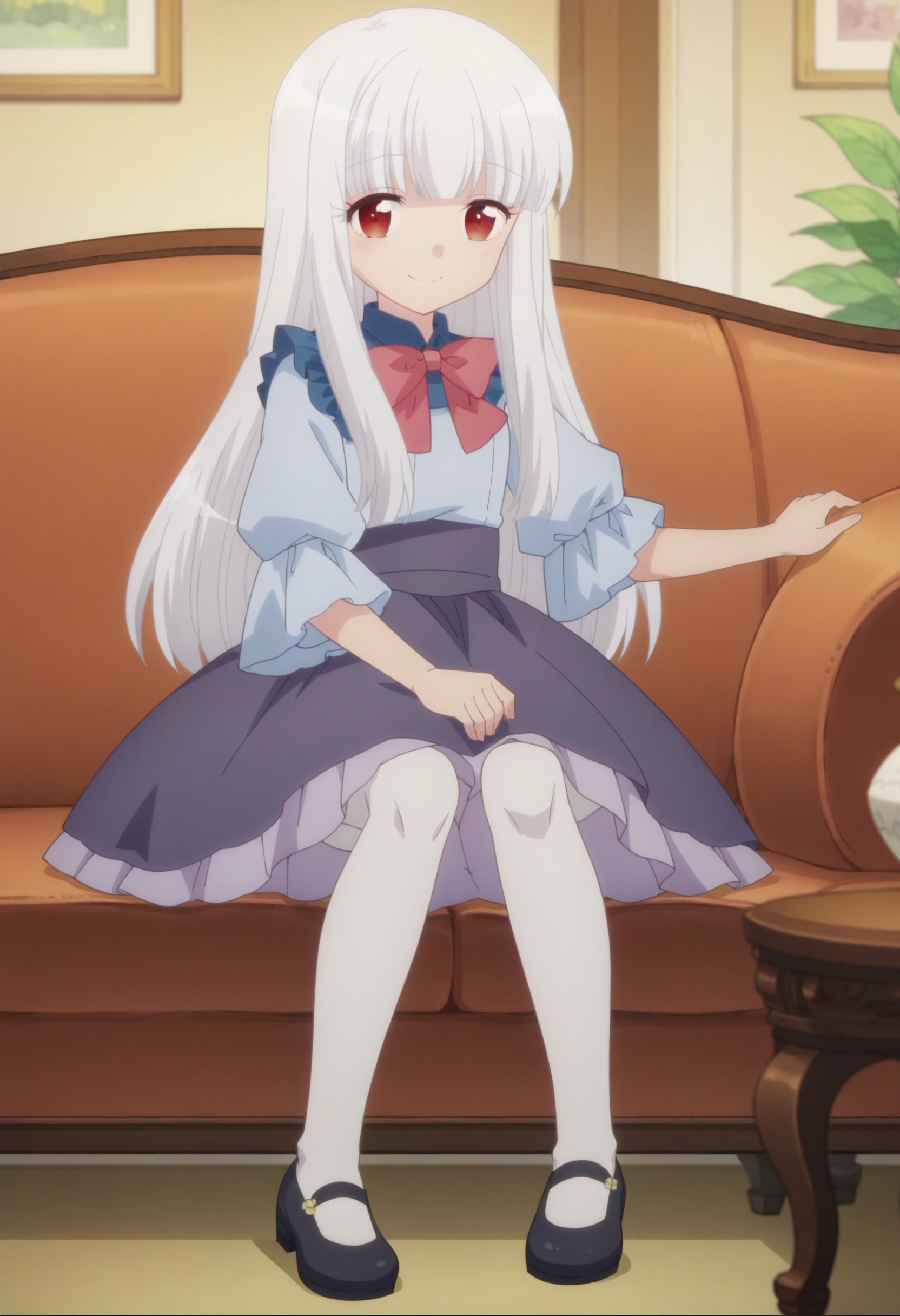 score_9, score_8_up, score_7_up, score_6_up, score_5_up, score_4_up , anime coloring ,BREAK source_anime, anime,screencap,
1girl, solo, sophiea, red bowtie, purple skirt, blue shirt, white pantyhose, mary janes, <lora:PonyXL Sophia Ascart V1:1>
indoors,living room,sitting on couch,
smile, looking at viewer,