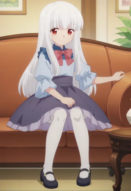 score_9, score_8_up, score_7_up, score_6_up, score_5_up, score_4_up , anime coloring ,BREAK source_anime, anime,screencap,
1girl, solo, sophiea, red bowtie, purple skirt, blue shirt, white pantyhose, mary janes, <lora:PonyXL Sophia Ascart V1:1>
indoors,living room,sitting on couch,
smile, looking at viewer,