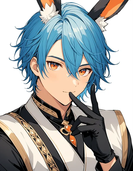 Mj Osea Style, solo, looking at viewer, blush, short hair, hair ornament, red eyes, gloves, long sleeves, 1boy, white background, animal ears, hair between eyes, closed mouth, blue hair, upper body, male focus, black gloves, rabbit ears, orange eyes, animal ear fluff, tassel, finger to mouth, bishounen, masterpiece, best quality , <lora:MJ-OSEAXL:0.8>