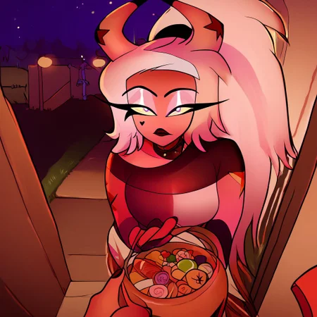 score_9, score_8_up, score_7_up, 1girl, tr1ck0rtr3at, holding, halloween bucket, doorway, door, street background, halloween costume. witch, candies. night, halloween, pov, hand, Verosika apology tour, VerosikaMayday, VerosikaApologytour