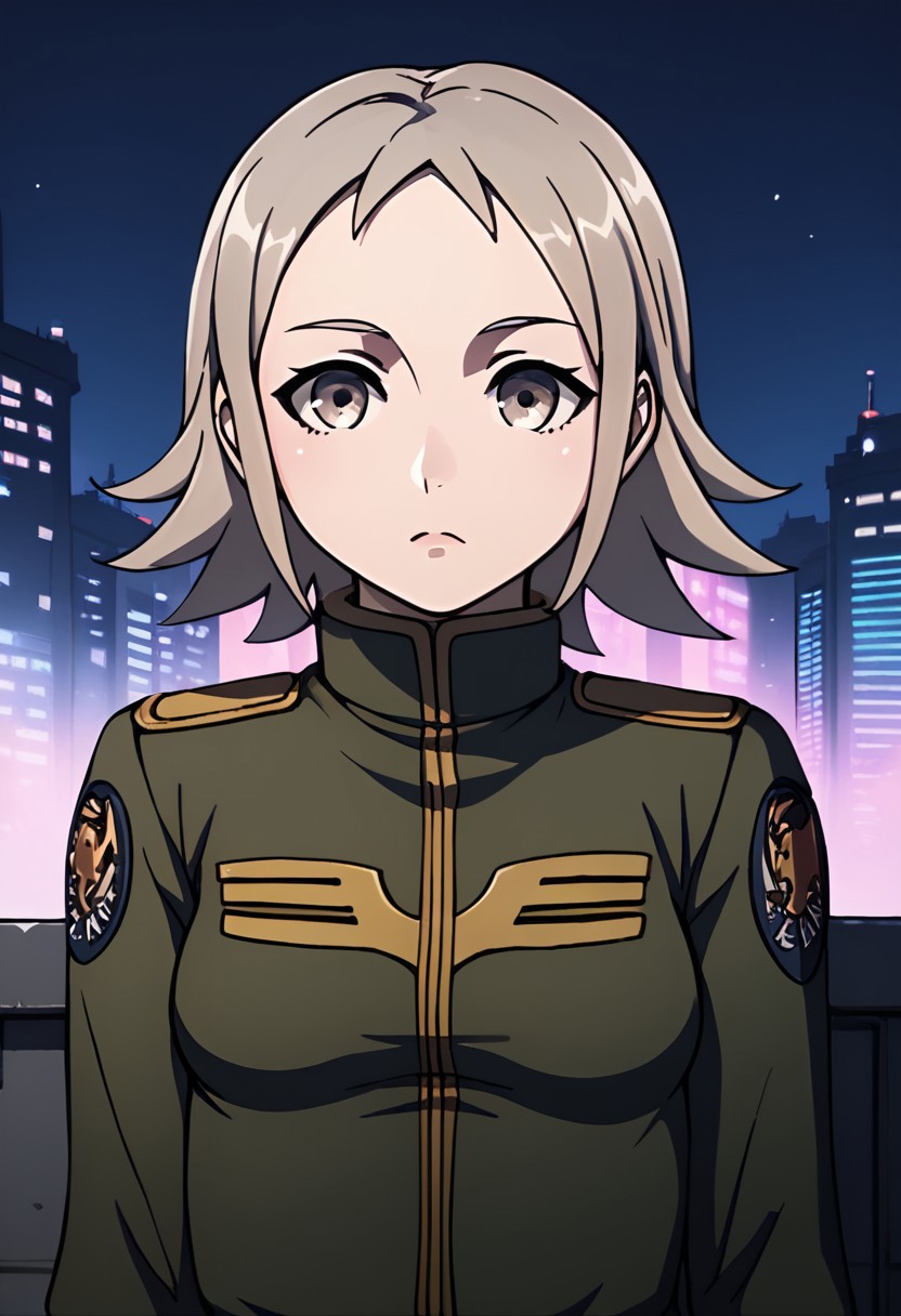 score_9, score_8_up, score_7_up,city view, 1 female,night view, moonlight,anne, female, grey hair, grey eyes, military uniform