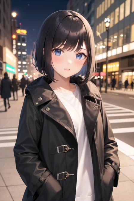best quality, 1girl, solo, black hair, short bob, (black coat), night, city,