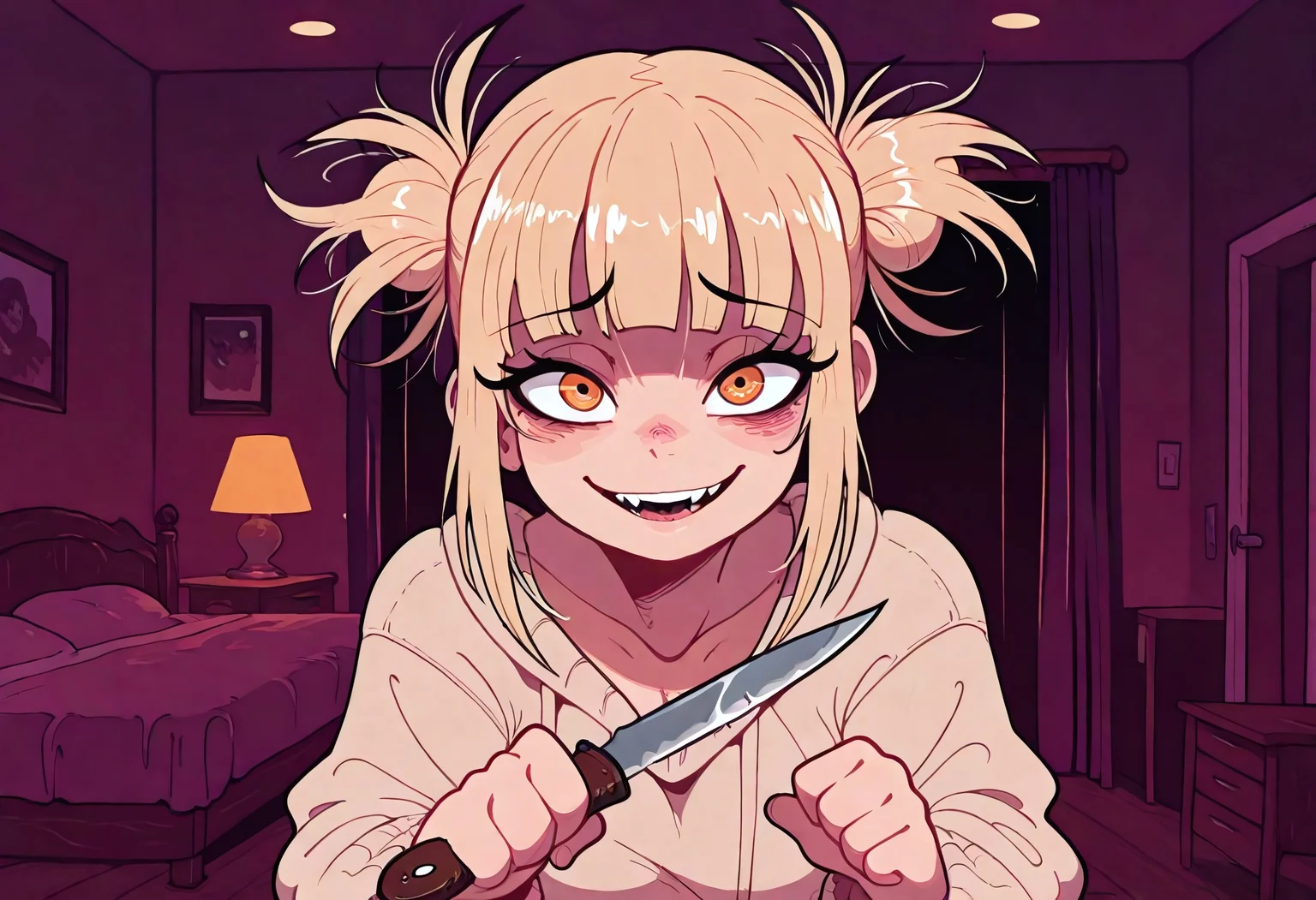 1girl,
solo,
himiko toga, blonde hair,
face focus, medium chest,
yandere pose, dynamic composition,
looking at viewer,
knife grab,
inside, bedroom,
masterpiece ,best quality ,amazing quality, Flatline, Flat vector illustration, Rapscallionstyle, androjuniarto,