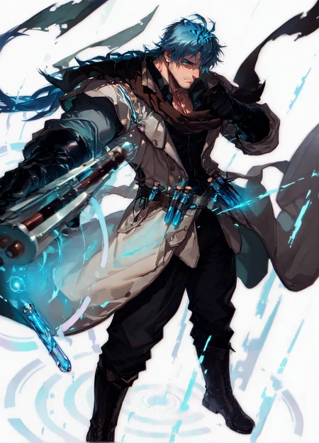 <lora:Ignacio__Alchemist_Code-000005:1>,tagatameignacio, ignacio_blue hair, ignacio_teal eyes, 1boy, antenna hair, long tied hair, solo, male focus, manly, bara, muscular male, collared shirt, scarf, gloves, coat, glowing, pants, boots, vial,
<lora:pose_perspective:1>  perspective, blurry background, blurry foreground, {fisheye|profile, semi-profile|from above|from below}
(very short hair), male focus, muscular male, bara, mature, (glossy skin, bara, mature, facial hair,), facial hair, bara, mature,  aixiwuganda_(20222192), very awa, masterpiece, best quality, absurdres, newest, perfect quality, detailed background, intricate details,<lora:slider_Body Type_alpha1.0_rank4_noxattn_last:1><lora:Anime Summer Days 2 Style SDXL_LoRA_Pony Diffusion V6 XL:.6> <lora:slider_cfg_scale_boost:.7><lora:Artist6p:.55>, Artist6p, Artist04p,<lora:slider_il_brightness_slider_d1:-.5><lora:slider_il_contrast_slider_d1:-.5>,<lora:slider_contract_controller_illus01_v1:.3>,<lora:slider_DarkSlider1.2_alpha1.0_rank16_full_300steps:-.3><lora:Heavenly_Beauty_r1:1>, (heavenlybeauty,)<lora:slider_style_strength_controller_illus01_v1:.25>