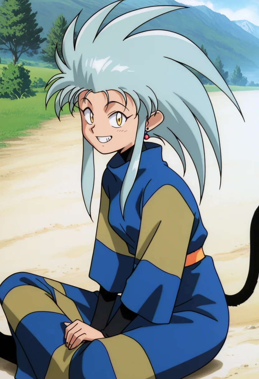 absurdres, masterpiece, best quality, very aesthetic, anime screencap, 1girl, solo, ry0, grey hair, spiked hair, long hair, sidelocks, yellow eyes, single earring, ry0blueoutfit, blue dress, striped dress, black undershirt, turtleneck, long sleeves, orange sash, cat tail, sitting, indian style, outdoors, from side, looking at viewer, grin, raised eyebrows, <lora:Ryoko_Tenchi-Muyo_ilibibu_IL-v2:1>