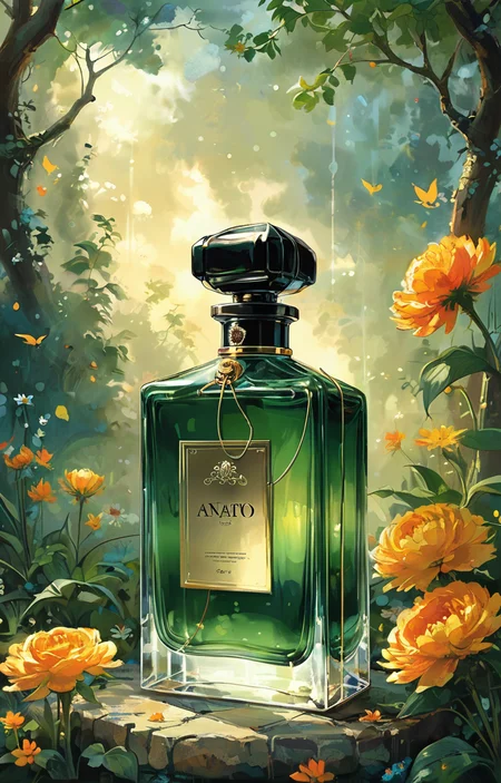 masterpiece,best quality,<lora:tbh334-sdxl:0.6>,illustration,style of Anato Finnstark A bottle of perfume in garden
