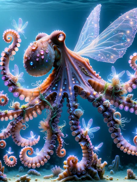 <lora:Fairy_Style_SDXL:1> An ais-fairy octopus, dancing to the beat of its own song underwater