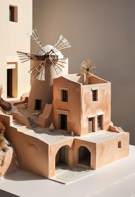 RAW photo, studio shot of an architecture physical model,art by Eleanor Vere Boyle and Andreas Untersberger, hantu ulat sutera adaptive and halcyon atmosphere with dispersion, refined details, Santorini model, style by nty, Greece island,Santorini Windmill,Architecture physical model
