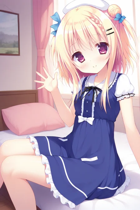 masterpiece,best quality,amazing quality,highres,scenery,newest,1girl,official style,mikana,1girl,solo,hair ornament,smile,hair bun,closed mouth,blonde hair,hairclip,braid,blush,bangs,looking at viewer,hair bow,bow,hair between eyes,purple eyes,close-up,portrait,blue bow,long hair,mikana daily,daily dress,blonde hair,hat,blue dress,short sleeves,blush,two side up,<lora:heart in love-mikana:1>,bedroom,bed,sitting,looking at viewer,smile,waving,from side,