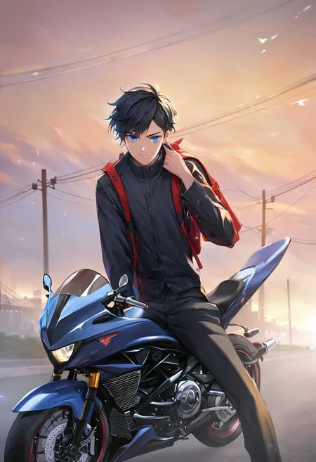 score_9, score_8_up, score_7_up, score_6_up, score_5_up, score_4_up, Gundam_00_Style, (Style: Gundam_00), source_anime,  masterpiece, volumetric lighting, vibrant colors, perfectly detailed face and body and eye, 1boy, teenager, solo, black hair, long sidelocks, short hair, blue eyes, high resolution, black jacket, open jacket, school uniform, black trousers, backpack, motorcycle, detailed background, parking lot, cinematic, <lora:add-detail-xl:0.4>, perfect hand, (fantasy-style), (shoujo-style), manhwa-artstyle