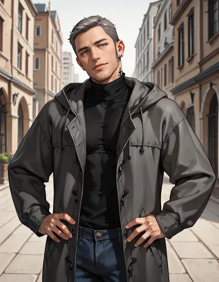 masterpiece, best quality, absurdres, newest, perfect quality, best quality, absolutely eye-catching, detailed background, intricate details, male focus, realistic, solo, <lora:Persona 5 - Munehisa Iwai - Illustrious 2_1-000006:0.7>, m_iwai, 1boy, mature male, grey hair, very short hair, grey eyes, long sideburns, stubble, neck tattoo, earrings, grey long coat, black turtleneck, hood down, jeans, black boots, head tilt, come hither, looking at viewer, outdoors, city, trees, three quarter view, head tilt, standing, hands on own hips, upper body