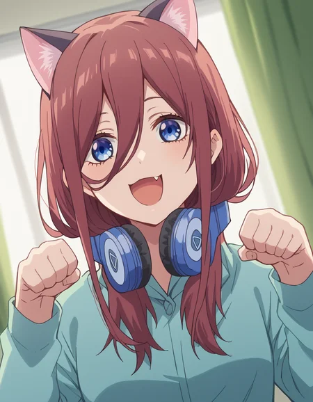 score_9, score_8_up, score_7_up, source_anime, mikunakano, <lora:miku-nakano-s1-ponyxl-lora-nochekaiser:1>, miku nakano, long hair, bangs, blue eyes, brown hair, hair between eyes, headphones, headphones around neck,, <lora:paw-pose-ponyxl-lora-nochekaiser:1>, paw pose, cat ears, cat tail, animal ears, tail, cat girl, open mouth, fang, whiskers,, indoors, smile,, cowboy shot, dutch angle, looking at viewer,