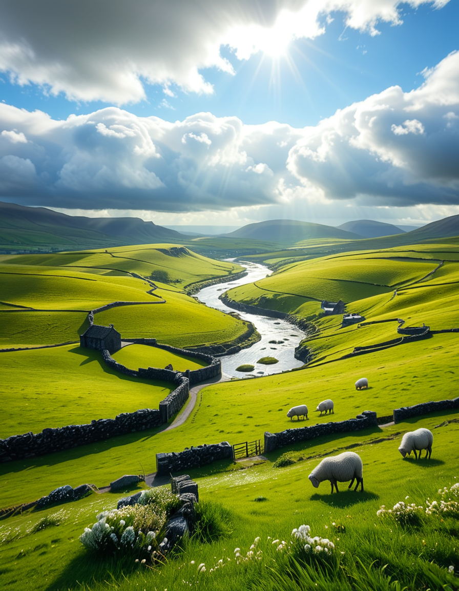 A breathtaking, high-resolution photograph of the rolling plains of Ireland, stretching endlessly under a vast, cloud-streaked sky. The landscape is a lush, vibrant green, with gentle hills covered in soft grass and dotted with scattered wildflowers. Ancient stone walls and winding dirt paths cut through the fields, marking old farmland boundaries. In the distance, a few solitary sheep graze peacefully, their white wool contrasting against the emerald grass. A small, clear river meanders through the valley, reflecting the soft light of the sky. The horizon is framed by low, misty mountains, adding depth and mystery to the scene. Above, the sky is a mix of bright blue and fluffy white clouds, casting dynamic shadows across the landscape as beams of sunlight break through. The atmosphere is serene, timeless, and rich with the natural beauty of the Irish countryside.
<lora:SDXLFaeTastic2400:0.4> <lora:extremely_detailed:0.4> extremely detailed, <lora:rolling_plains_of_1r3l4nd:1>,rolling plains of 1r3l4nd, Masterpiece,best quality,hi res,8k,hi res,8k,award winning,(sharp focus, intricate, highly detailed),