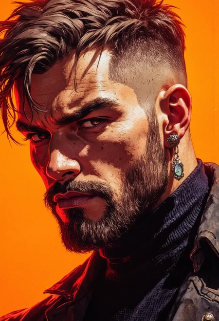 ((Cyberpunk and noir vibes, emphasizing dramatic lighting and shadows. Highly detailed textures for skin, hair, and fabric))
a man with a stern expression. He has a short haircut with shaved sides, long hair on the top of his head, slightly wavy, slicked to one side. The man has a thick dark mustache. On his right ear hangs a large earring in the form of a metal ring with a decorative element. The man is wearing a dark turtleneck with a pattern. The background is bright orange, emphasizing the contrast of the image.