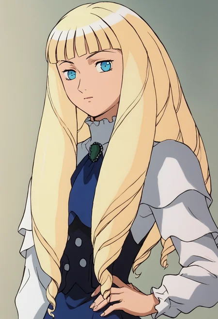 <lora:KihelTurnAPony1.0:1>kihel, 1girl, solo, blonde hair, long hair, drill hair, blue eyes, bangs, dress, upper body, looking at viewer,simple background,, score_9, score_8_up, score_7_up, score_6_up, score_5_up, score_4_up, looking at viewer, hand on own hip, cowboy shot,
