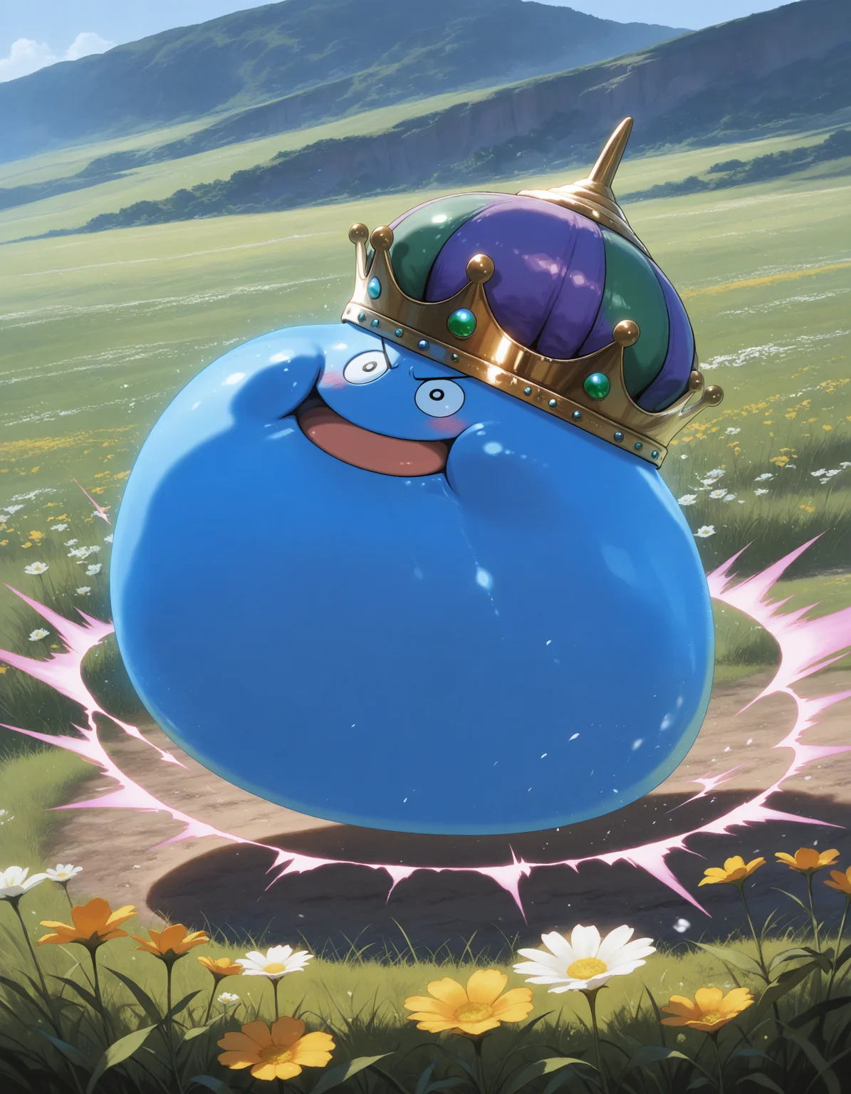 SmoothNoob_Quality,masterpiece,extreme detailed,full_body,outdoors,field,flower BREAK 1other,no humans,king slime,slime \(creature\),crown,:D,open mouth,blue skin,blush,<lora:NOOB_vp1_detailer_by_volnovik_v1:1>,<lora:king slime-NAI:1>,superhero landing,shockwave,doyagao,v-shaped eyebrows,